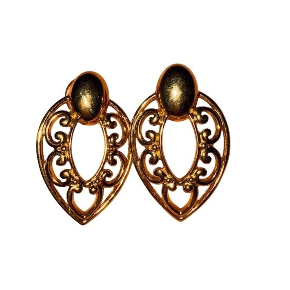 Do it Best Vtg Filigree Teardrop Dangle Earrings Gold Gray Cabochon retro 80's